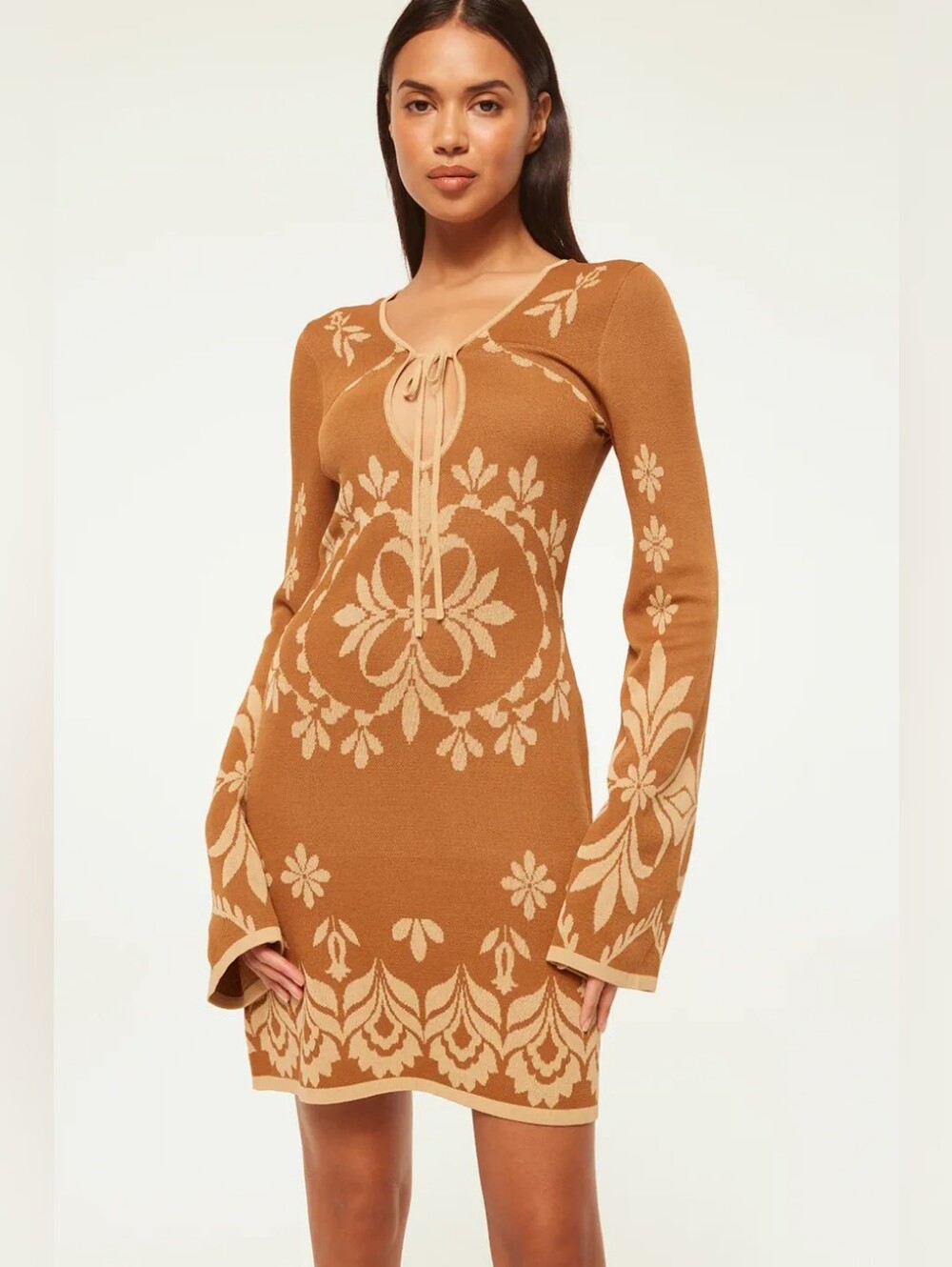 MISA Los Angeles Sahar XS Brown Floral Knit Mini Dress Tie Neck Long Sleeve NWT